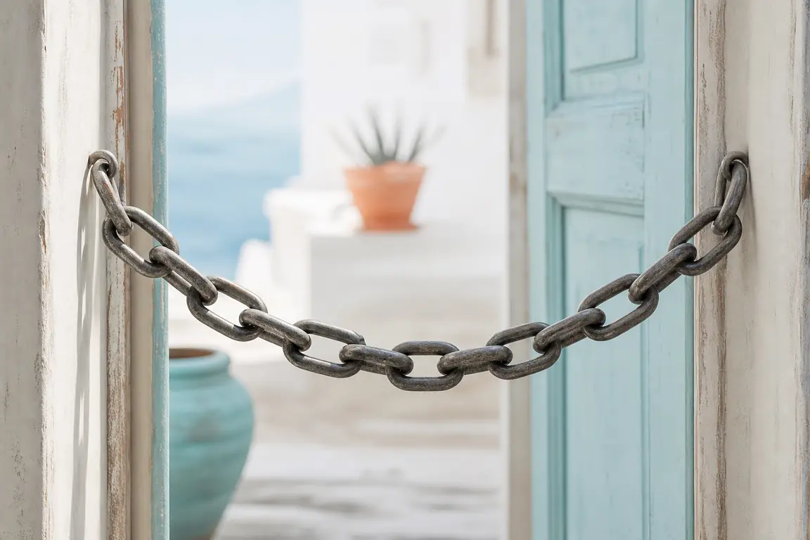 A heavy chain hooked across a pale open doorway.