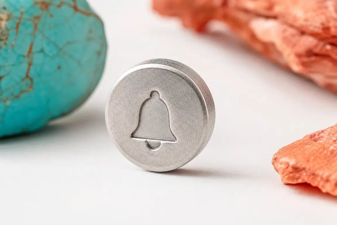 A bell symbol pressed into a small metal disc, macro.