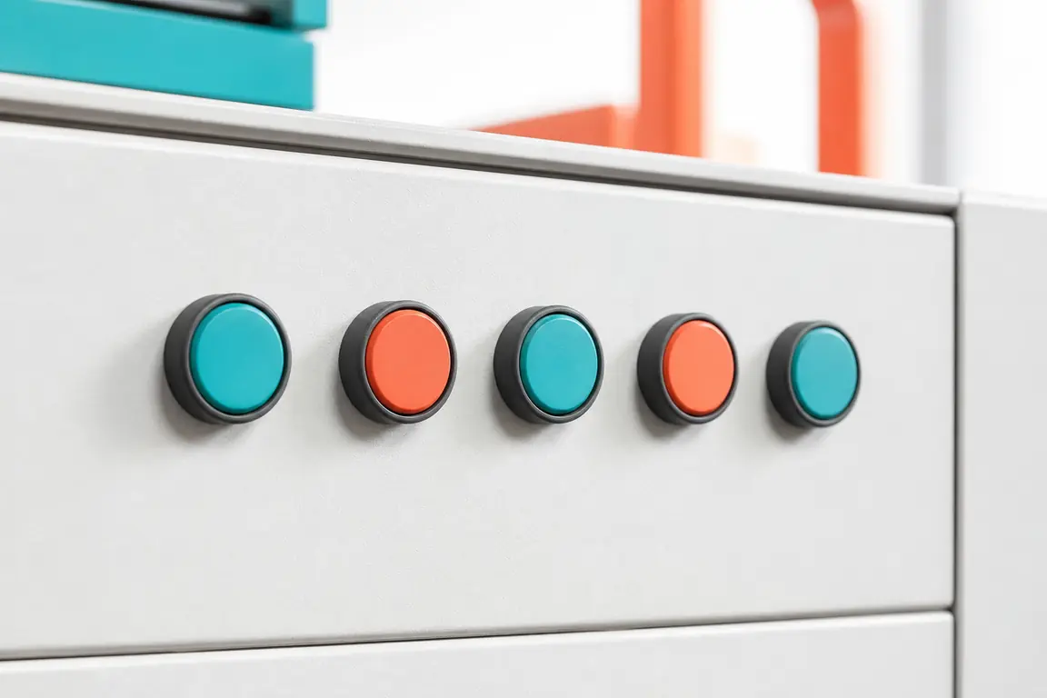 A row of five plain unlabelled buttons on a machine control panel.