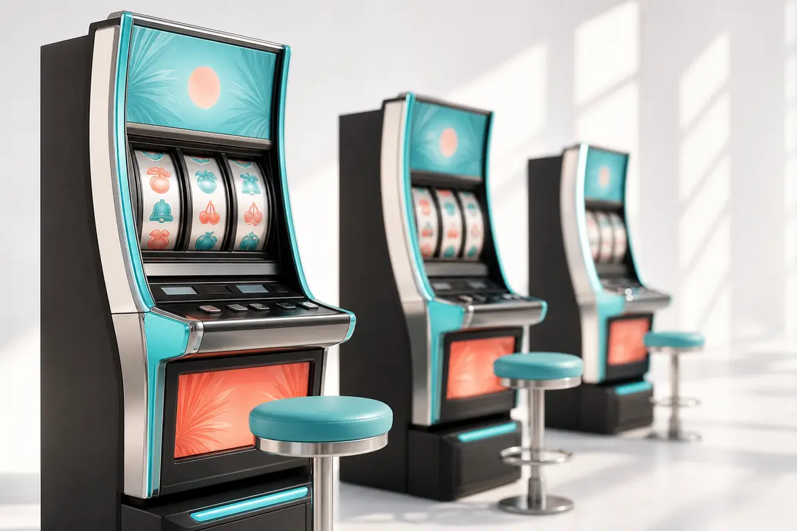 Three casino slot machine cabinets in a row, the nearest sharp, the others out of focus.