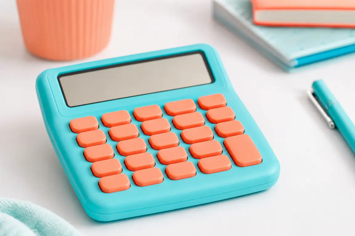 A chunky desk calculator with coral keys and a completely blank empty display.