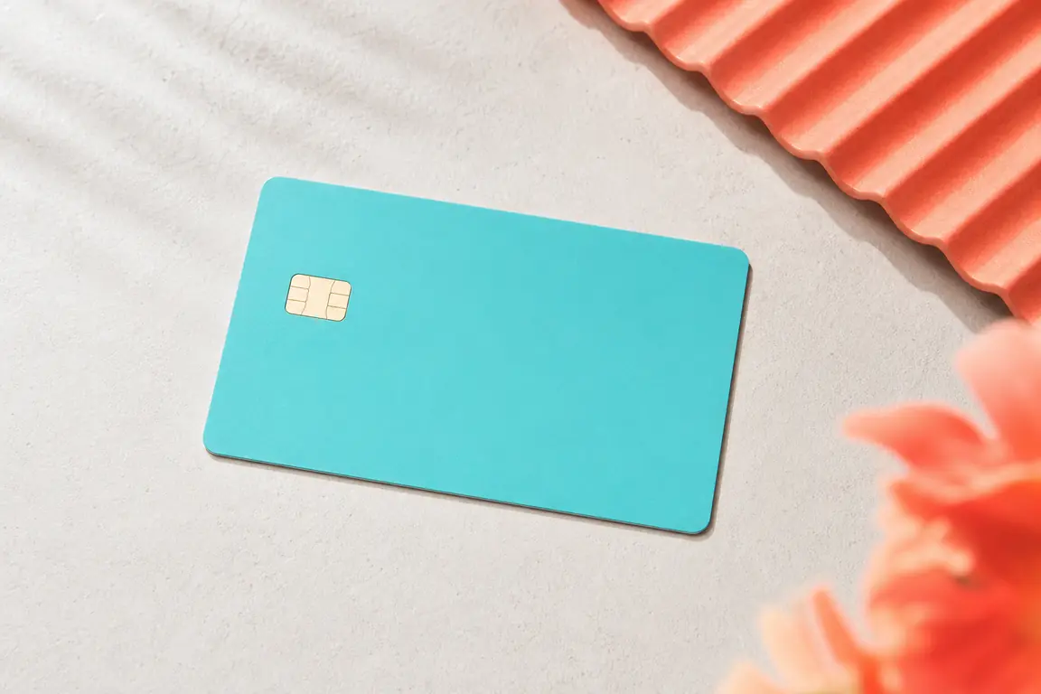 A plain unbranded turquoise bank card lying flat on a pale surface.