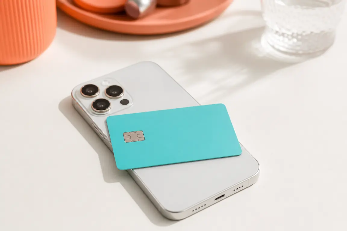 A plain bank card resting on a phone lying face down on a pale desk.