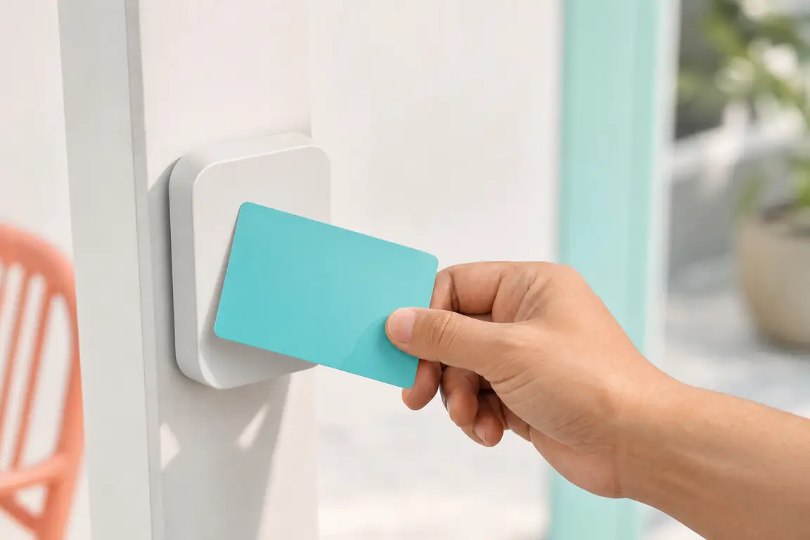 A hand holding a plain unbranded card against a small contactless reader.