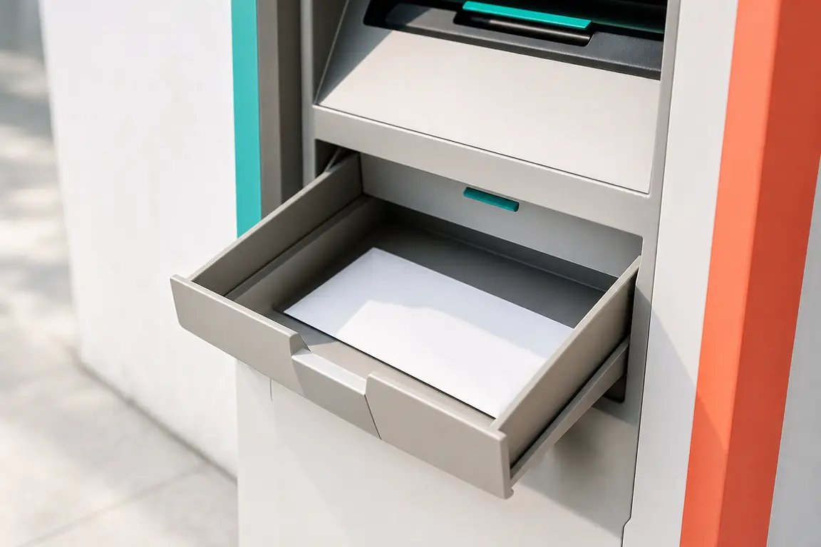 The open cash tray of a machine with a plain unmarked envelope resting in it.