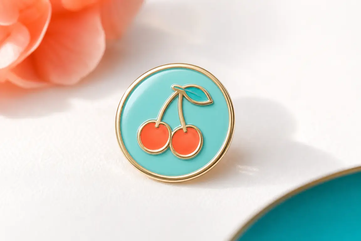 A cherry symbol embossed on a plain enamel disc.