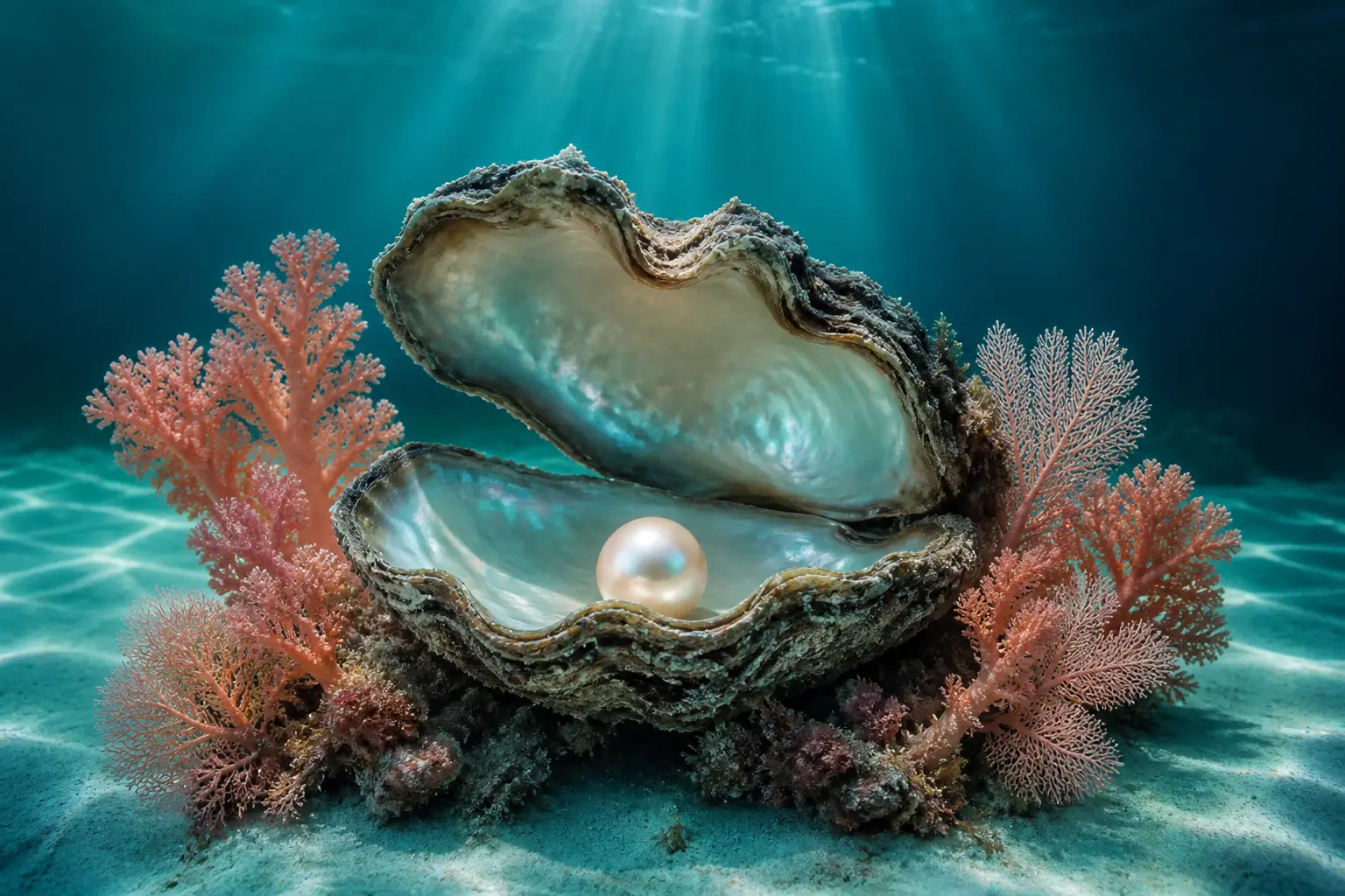 An open oyster shell on pale seabed sand, a single luminous pearl inside, coral fans beside it