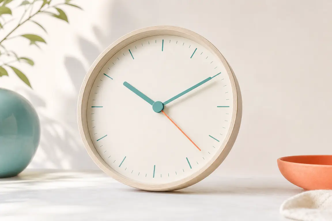 A plain analogue clock face with hands but no numerals.