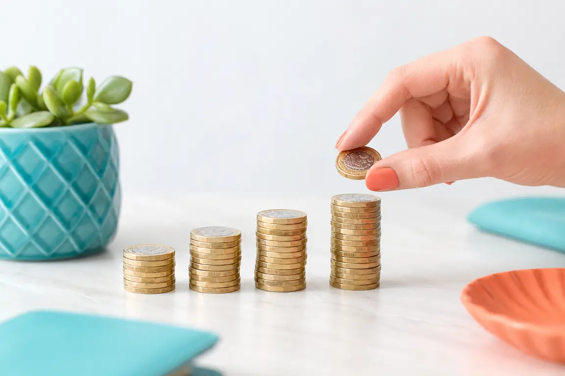 A hand counting pound coins into neat stacks on a pale surface.