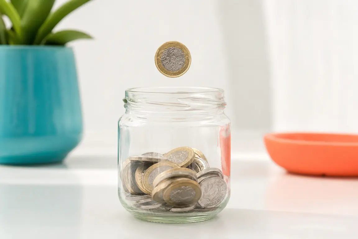 A pound coin dropping into a clear glass jar of coins.