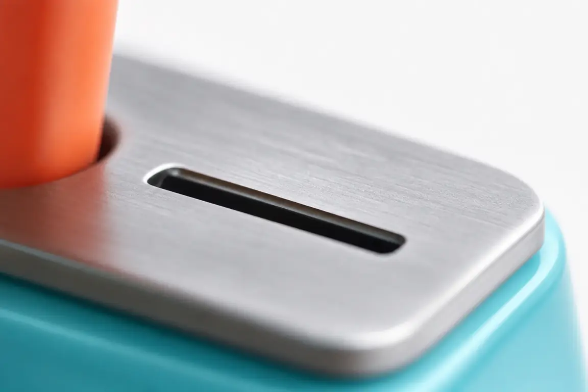 A coin slot in brushed steel, macro, shallow depth of field.