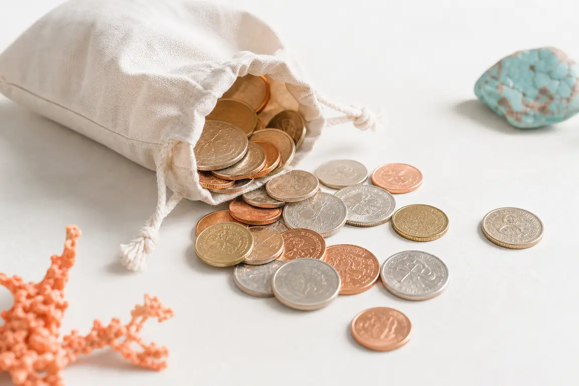 Coins spilled from a small cloth bag onto a pale surface.