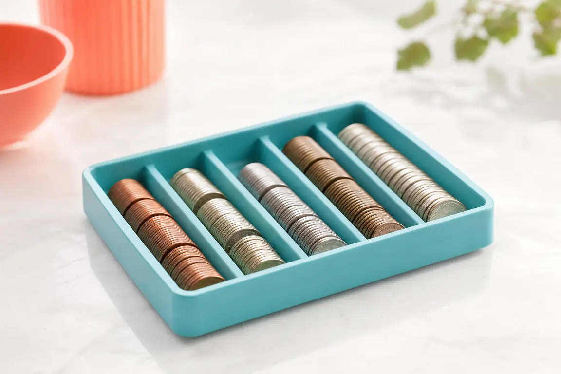 A shallow coin sorting tray holding neat rows of coins.