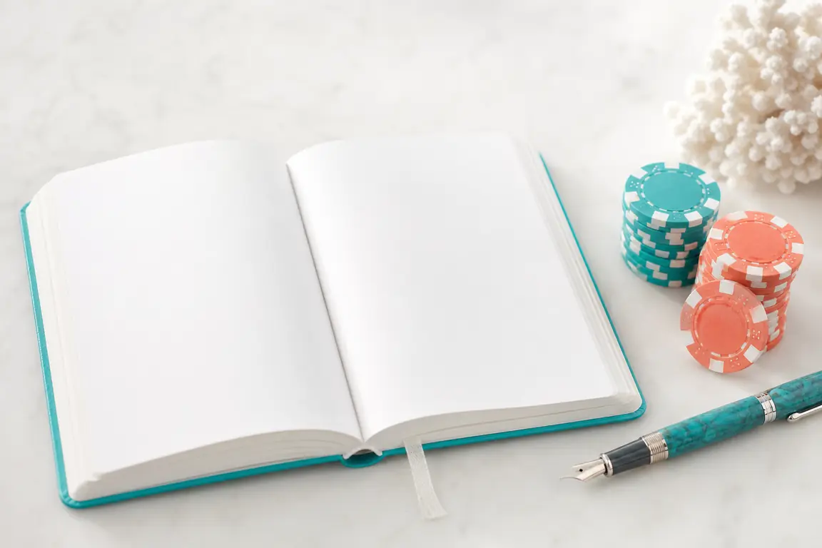 An open blank notebook and a fountain pen beside a small stack of casino gaming tokens.