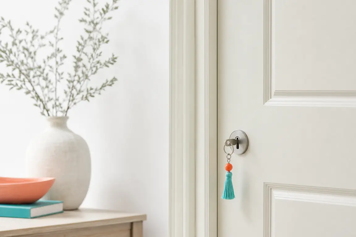 A closed pale door with a key left in the lock.