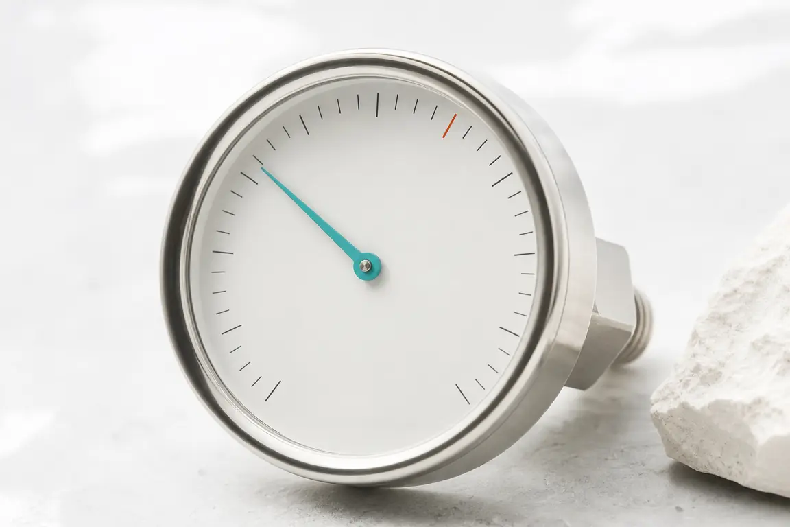 A precision gauge with a fine turquoise needle and a coral index mark, plain dial face.