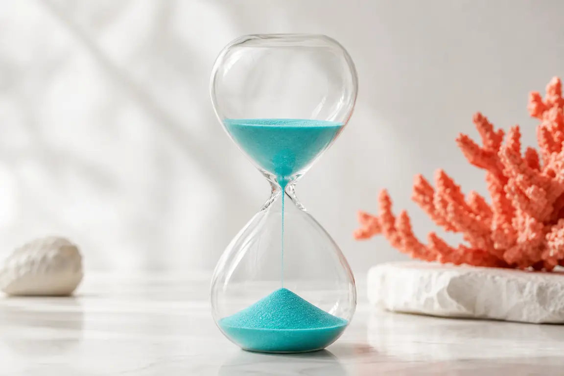 A modern hourglass with turquoise sand running through it on a pale surface.