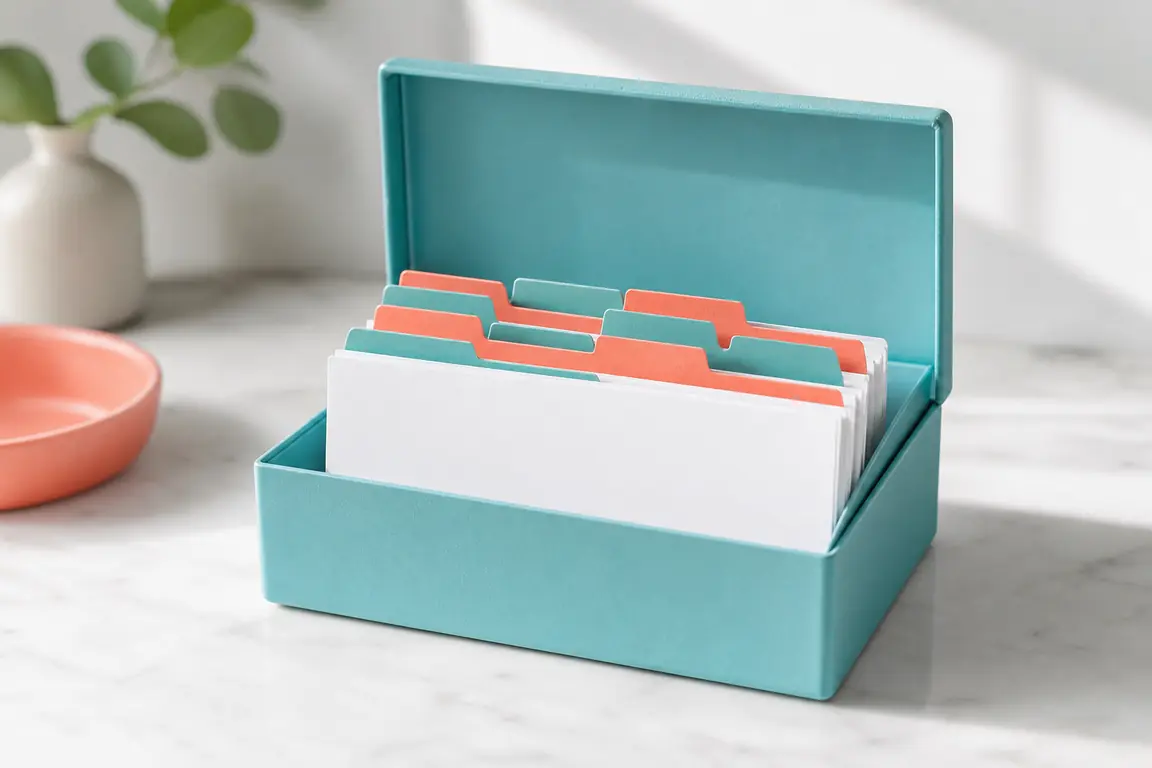 An open index card box with coloured alphabetical dividers standing up, cards blank.