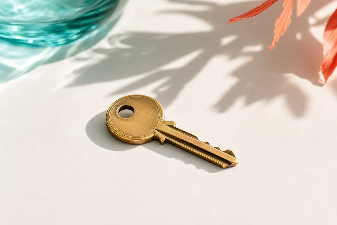 A single brass key on a pale surface, long soft shadow.