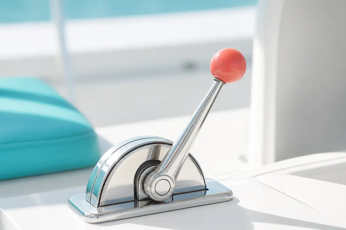 A polished mechanical lever with a spherical coral-red knob.