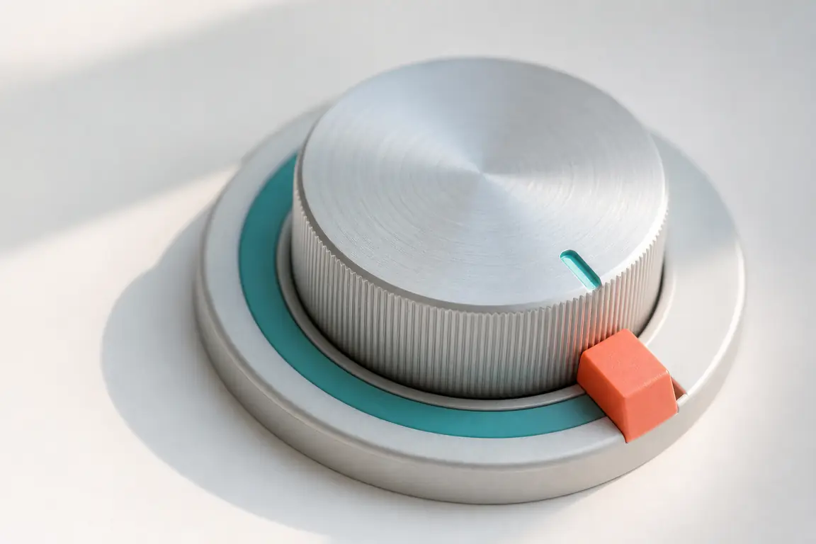 A machined control dial with a coral limit stop set part of the way round its travel.