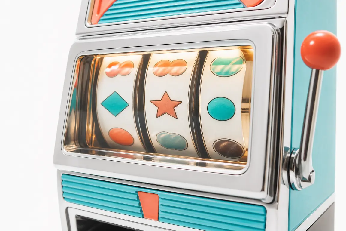 The lit glass display window of a casino slot machine cabinet, reels visible behind it.