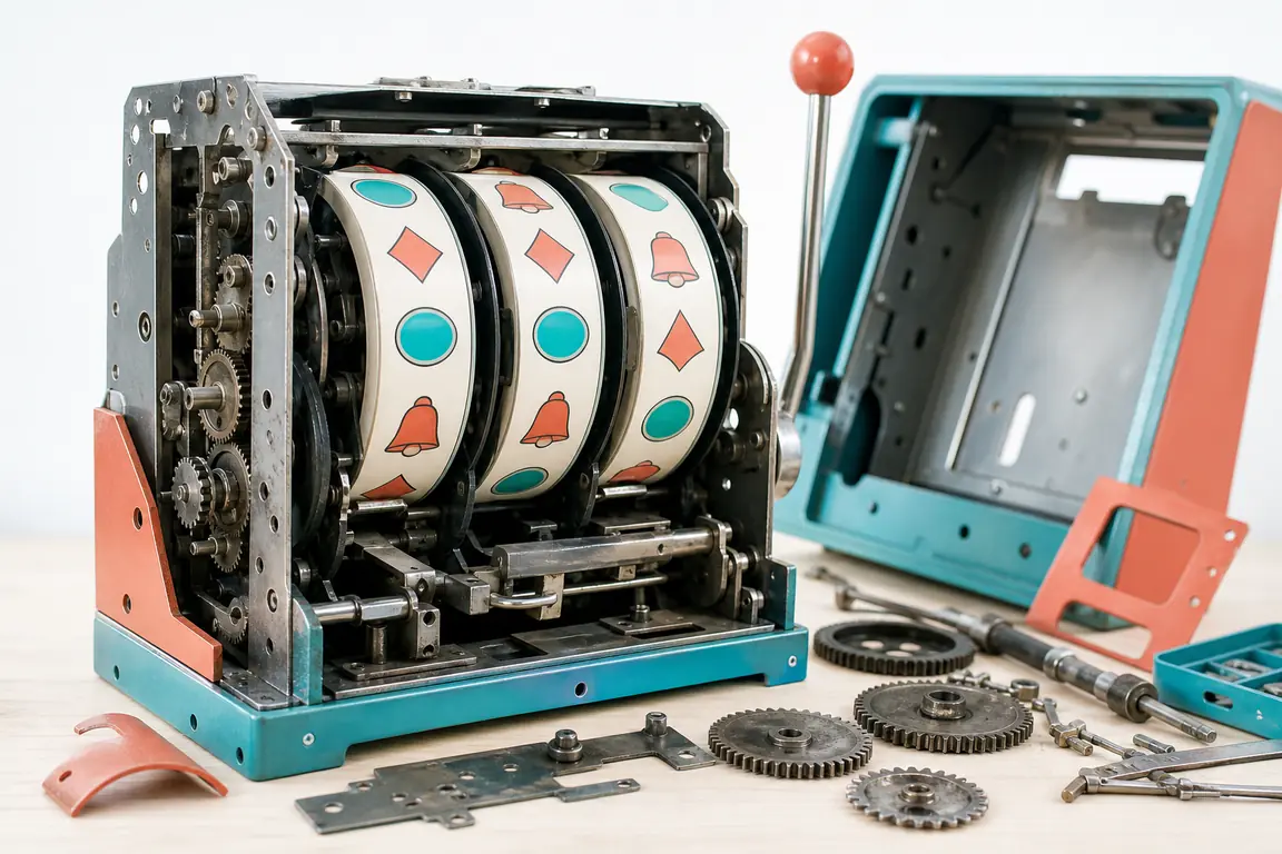 A casino slot machine mechanism partly disassembled on a workbench, cogs and reel drums visible.