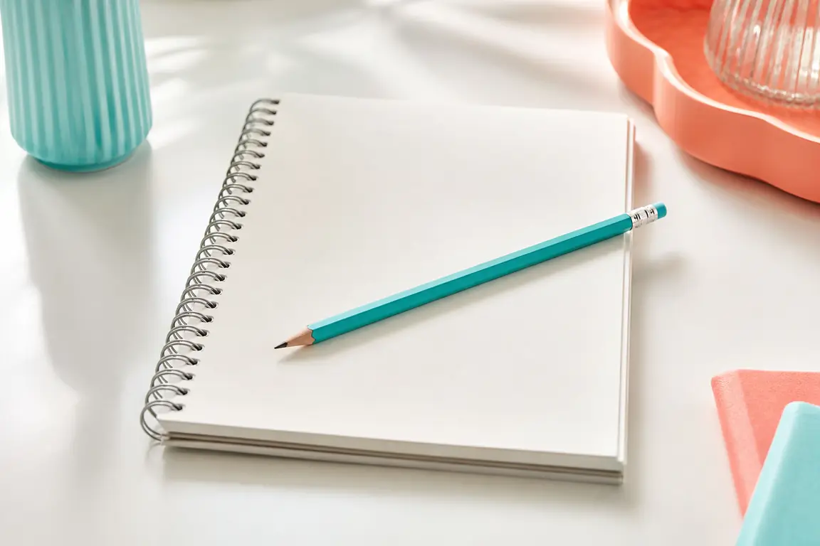 A plain notepad with a pencil resting across it.