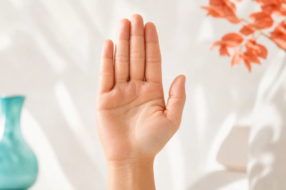 An open empty palm held up against a pale background.
