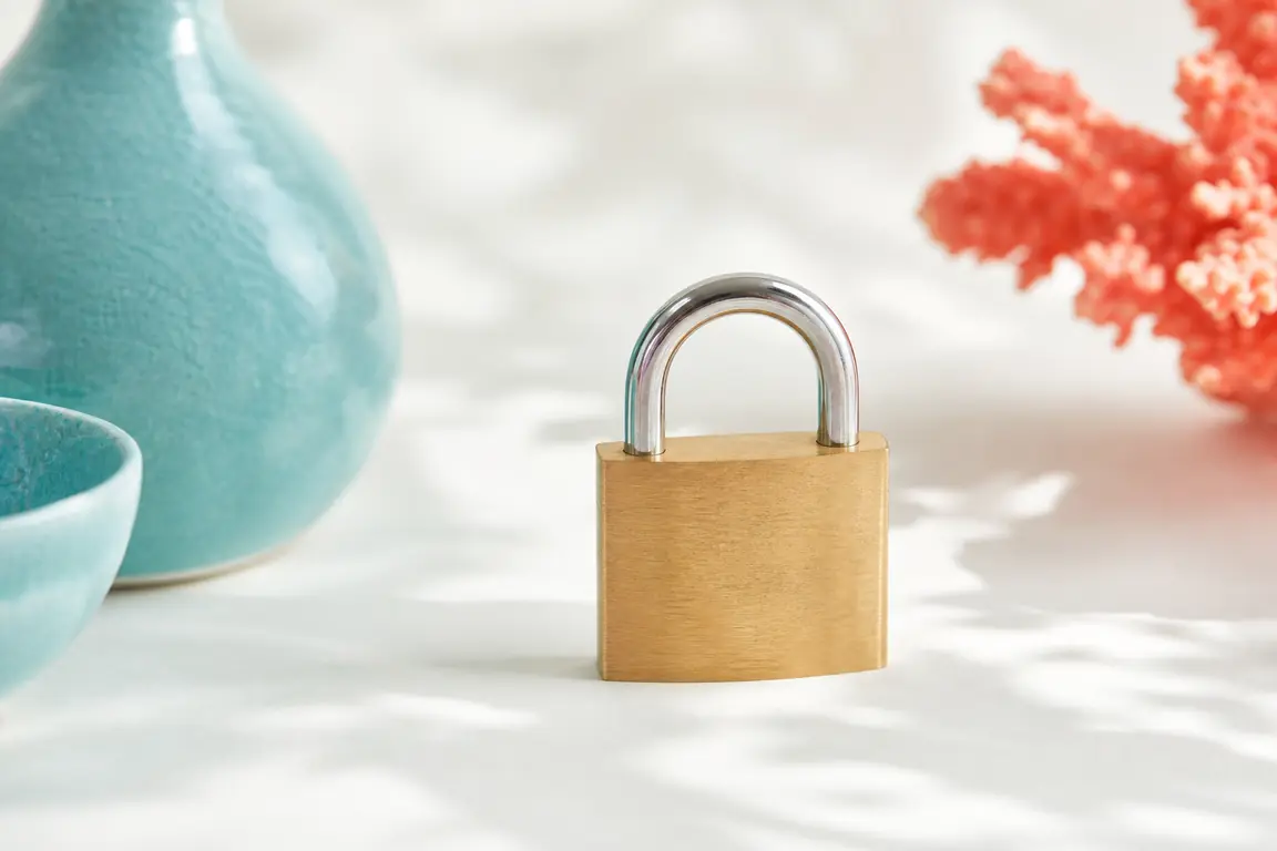 A brass padlock, closed, on a pale surface.
