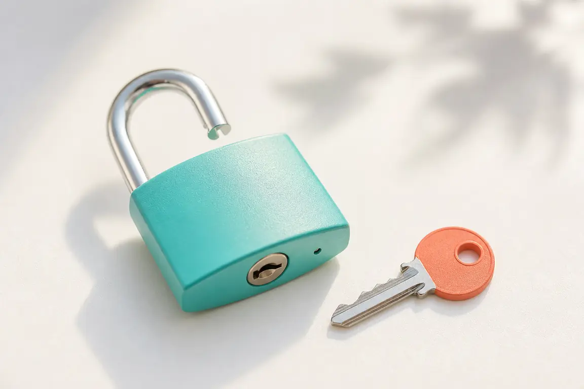 An open padlock with its key lying beside it.
