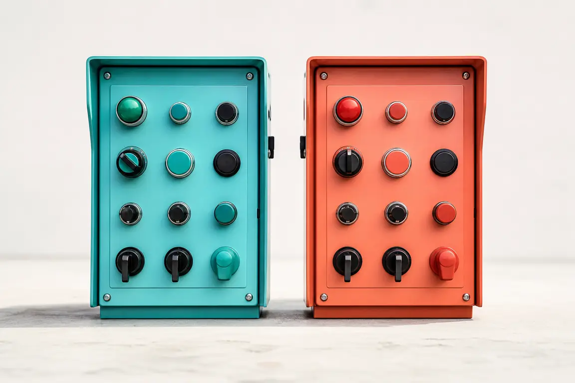 Two different machine control panels side by side on a pale surface, one turquoise and one coral.