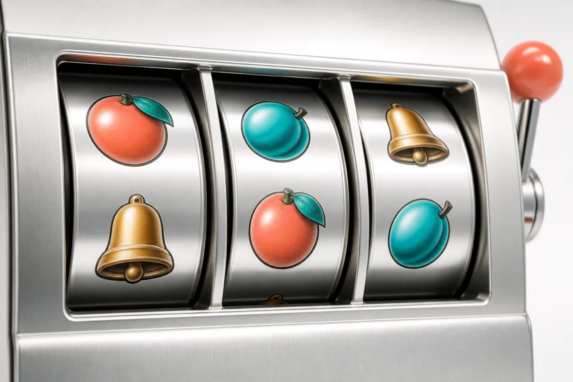 Close-up of three polished reel drums in a slot machine, fruit and bell symbols on brushed steel.