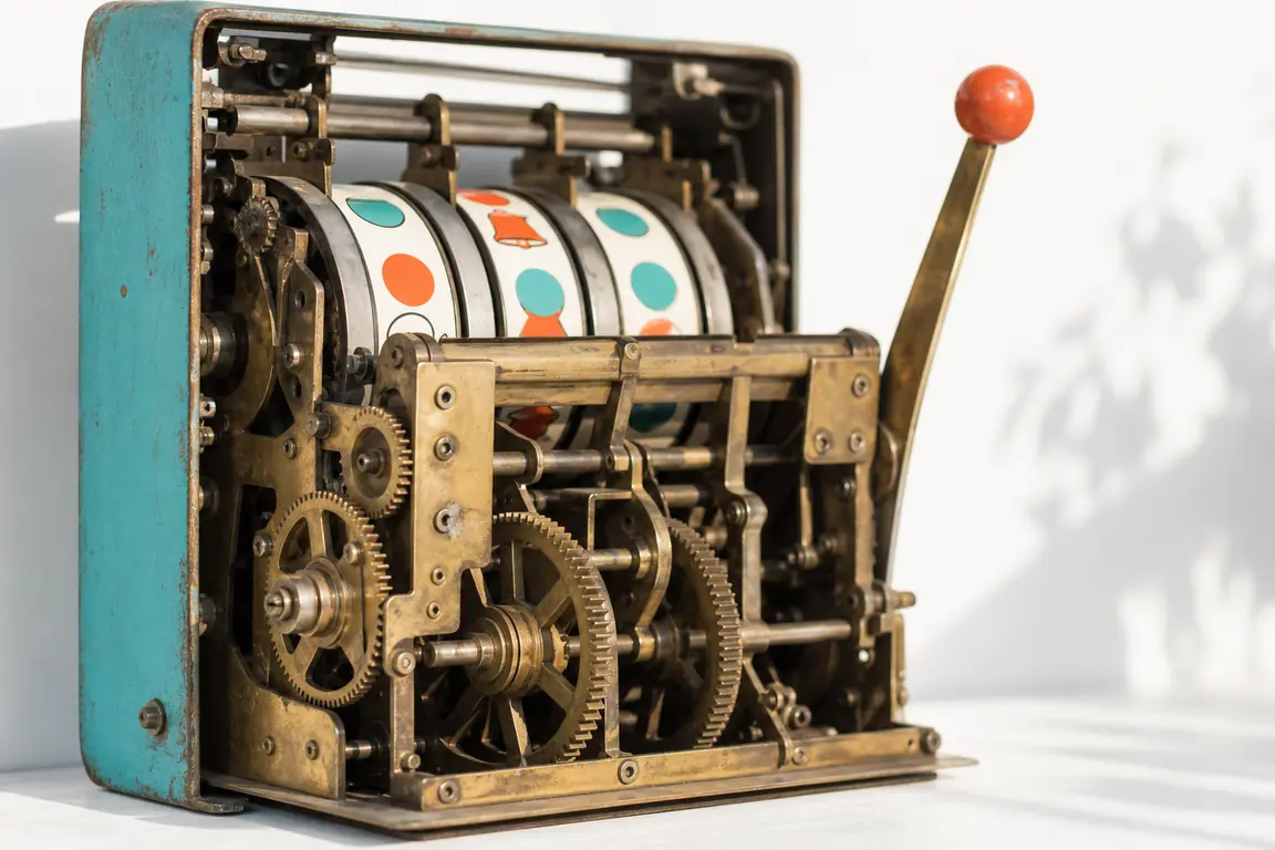 The back of a slot machine reel mechanism, exposed brass gears and spindles.