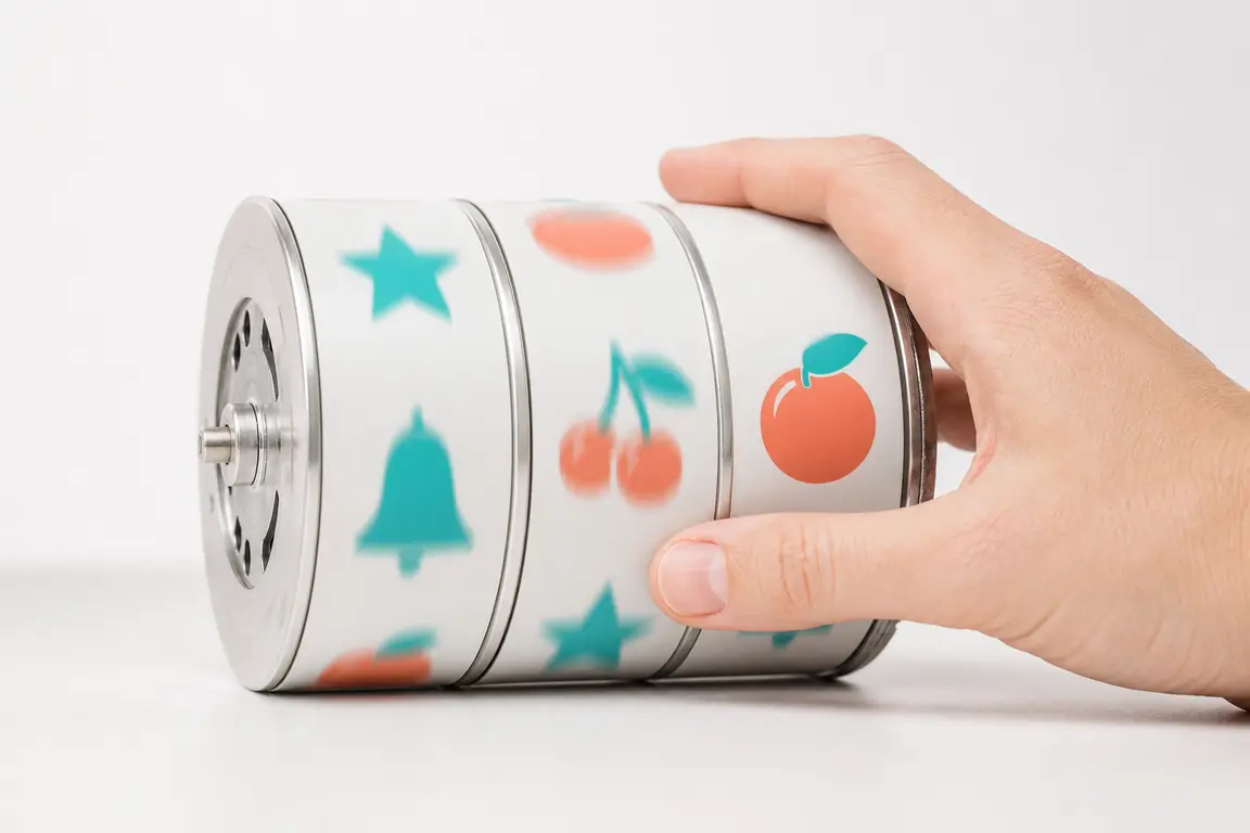 A hand turning a single slot machine reel drum by hand, the symbols mid-rotation.