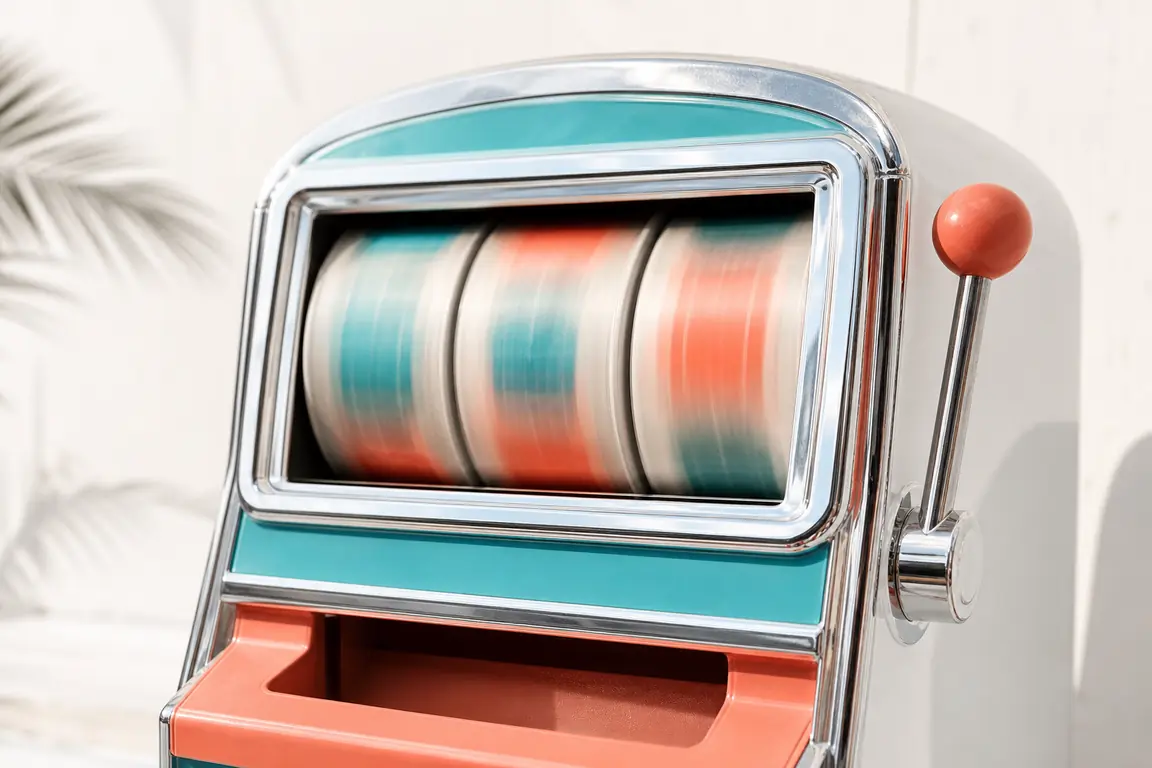 A slot machine reel spinning fast, symbols blurred into bands of turquoise and coral.