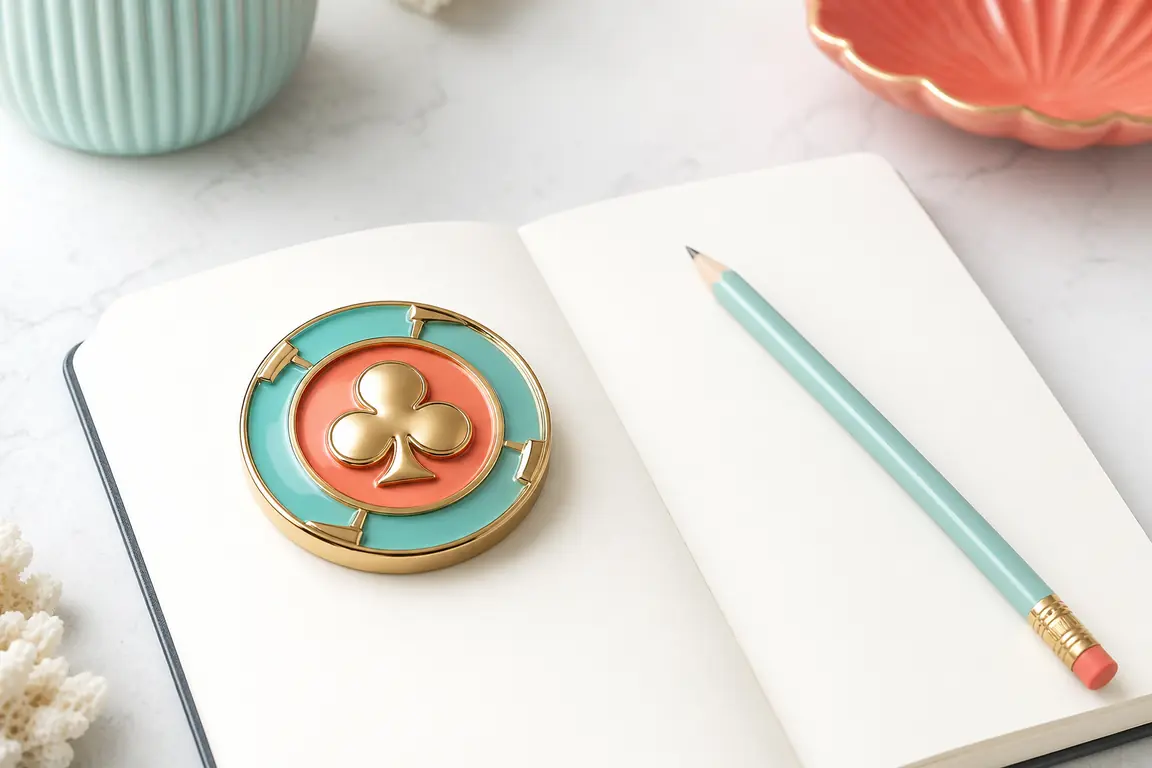 A casino slot machine symbol disc resting on an open blank notebook beside a pencil.