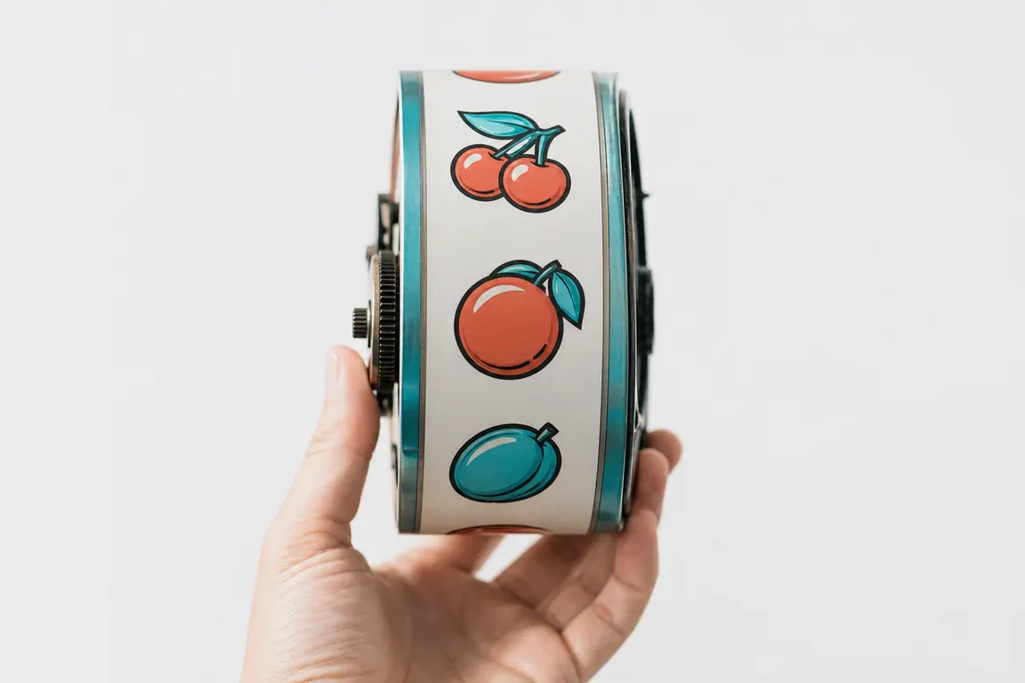 A casino slot machine reel drum lifted out of its housing, fruit symbols on its band.