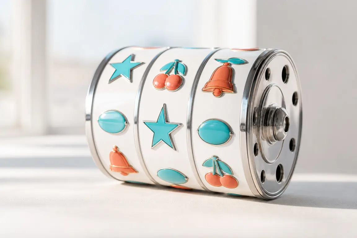 A single slot machine reel drum lying on its side on a pale surface, symbols catching the light.
