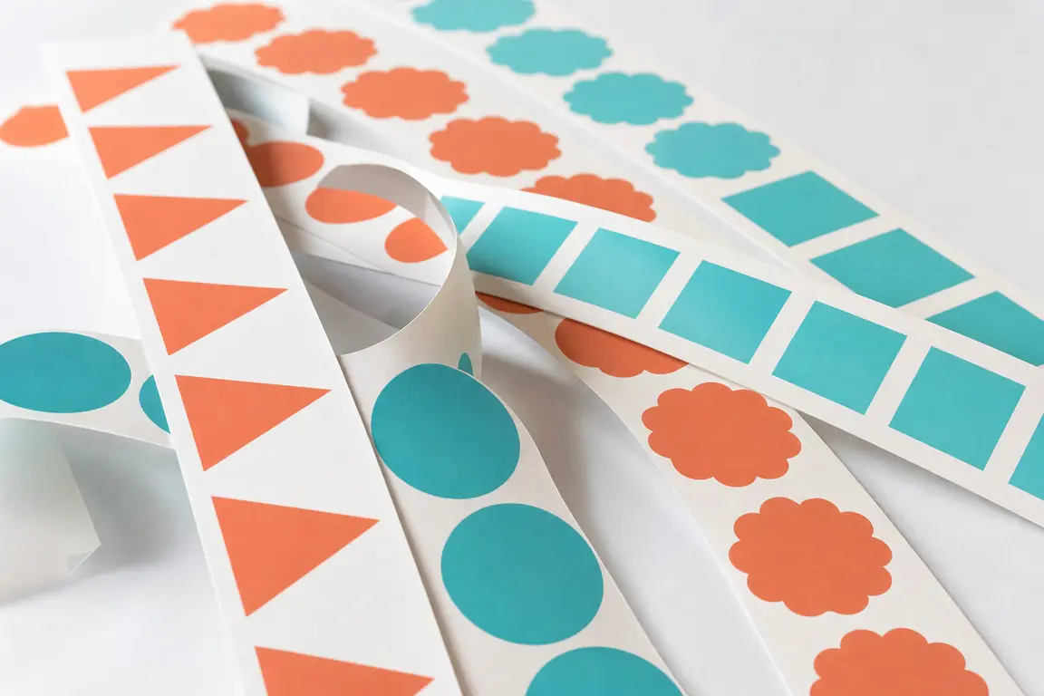 Printed reel strips laid flat and overlapping on a pale surface, plain symbols.