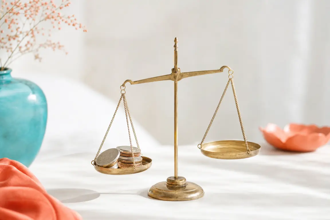 A small brass balance scale with coins on one pan.
