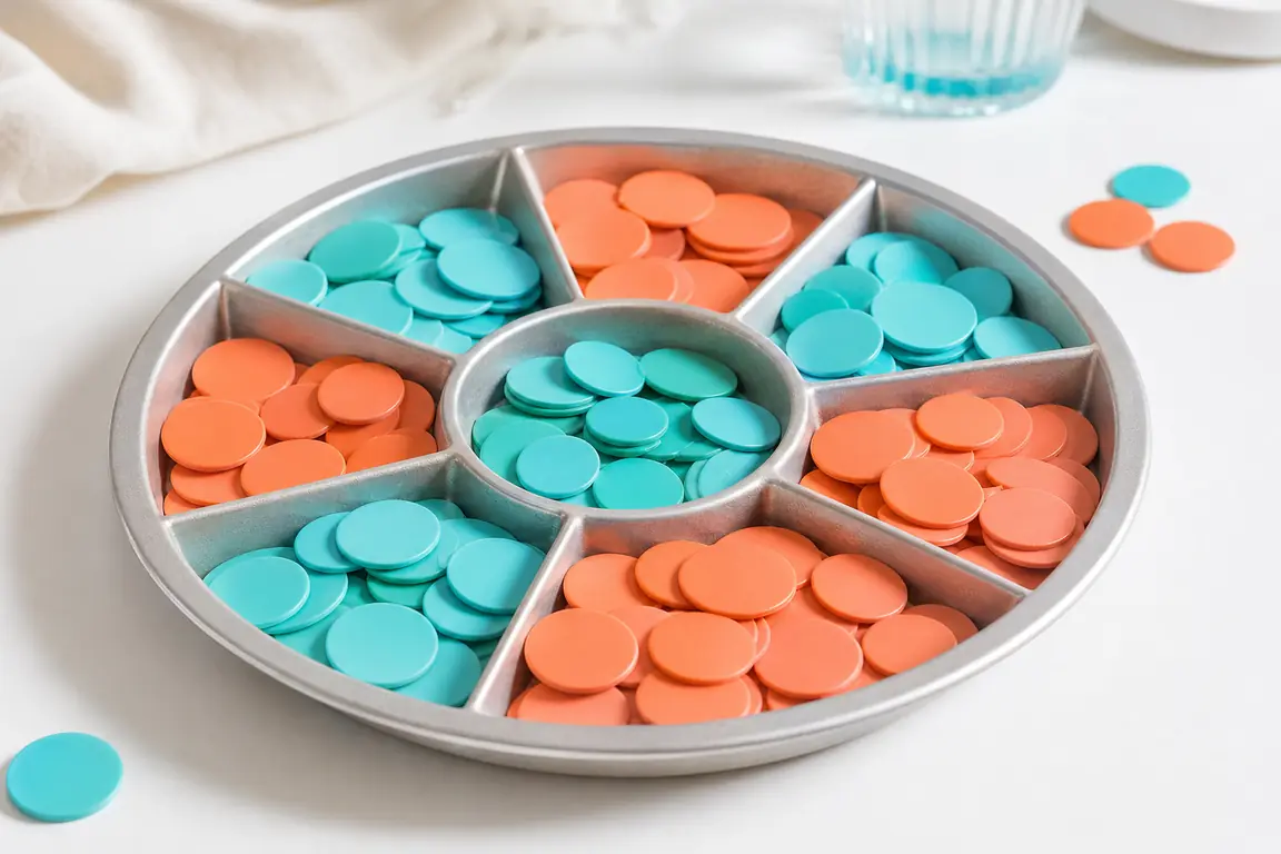 Plain unmarked tokens sorted by colour into the compartments of a shallow metal tray.