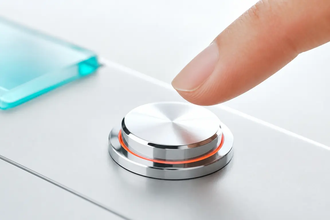 A chrome spin button on a plain control panel under a fingertip.
