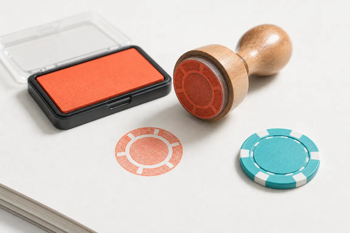 A wooden rubber stamp and an ink pad on pale paper, a casino gaming token resting beside them.