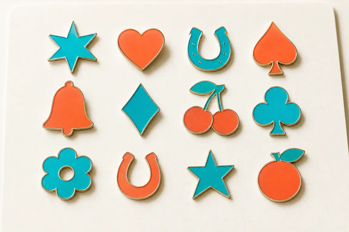 A set of plain slot symbols cut from enamel, arranged on pale card.