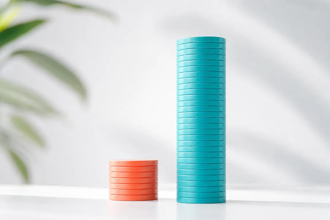 One very tall tower of plain tokens standing beside a short one.