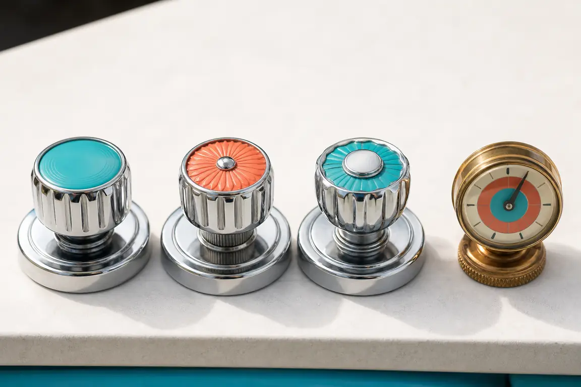 Chrome control dials and a small brass gauge from a casino slot machine, on a pale bench.
