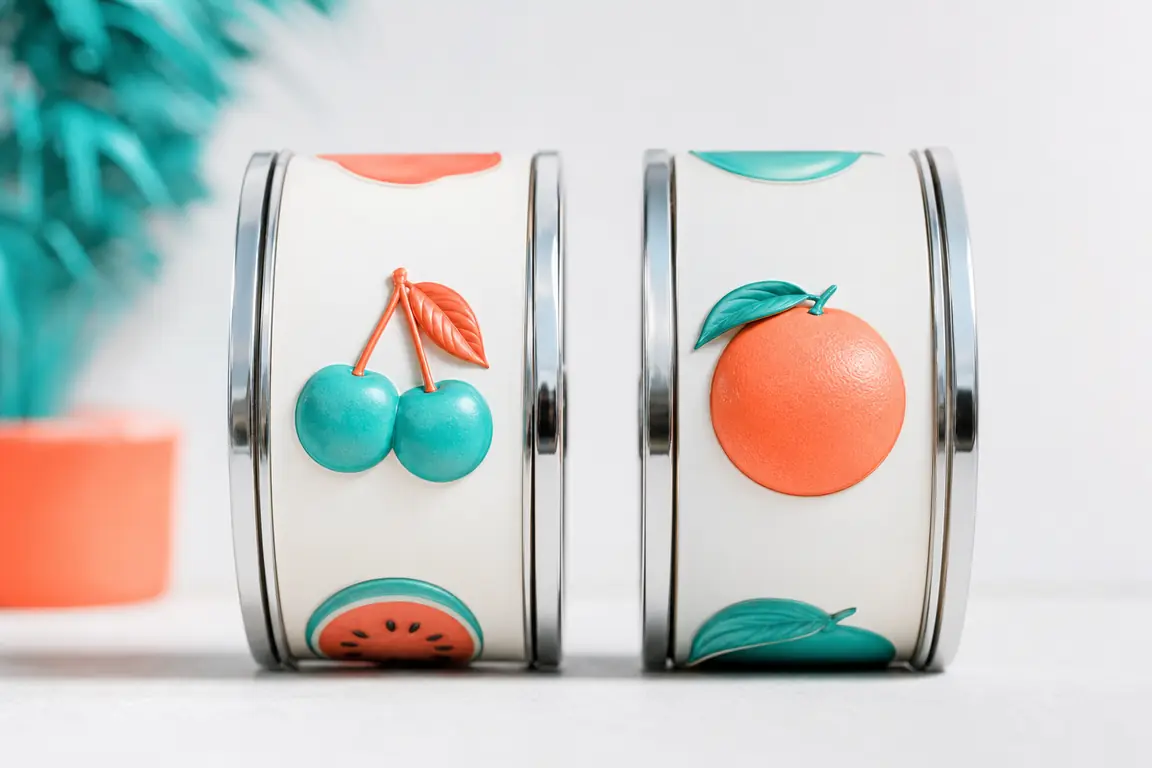 Two casino slot machine reel drums standing side by side, each showing a different fruit symbol.