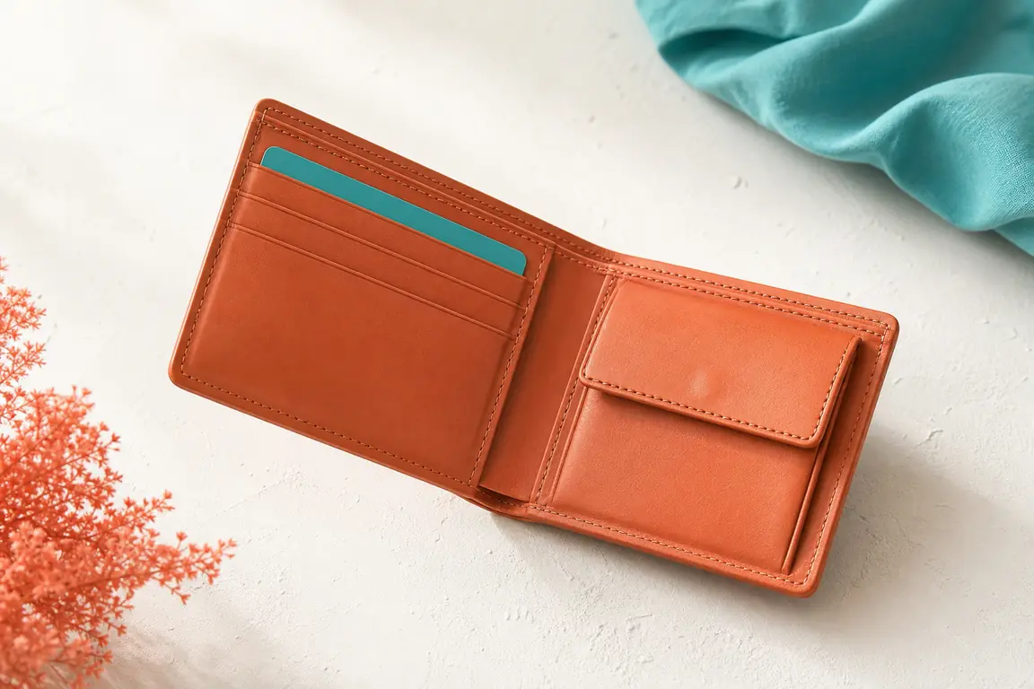 An open plain leather wallet with a card slot visible, no text.